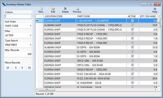 The Inventory Master Table is displayed with any records from the Inventory Wise Inventory Management Software.  Click on the Download Free Software link to the right to download a free version of the Inventory Wise Inventory Management Software.