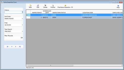 The Active Inspection Form is displayed in browse mode from the SafetyWise VB Safety System.