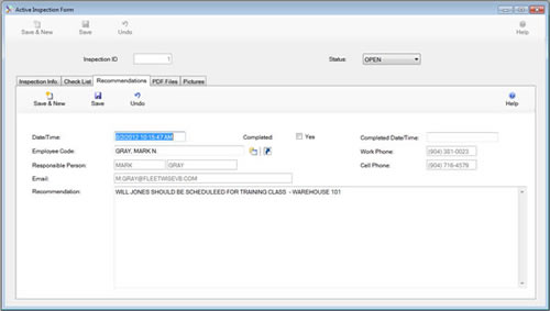 The Active Inspection Form Recommendations Tab is displayed in browse mode from the SafetyWise VB Safety System.