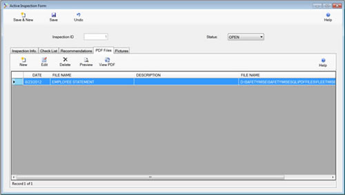 The Active Inspection Form PDF Files is displayed in browse mode from the SafetyWise VB Safety System.
