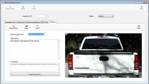 The Active Inspection Form Picture Tab is displayed in edit mode from the SafetyWise VB Safety System.
