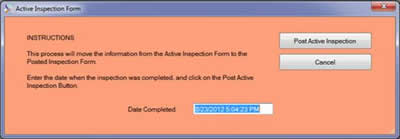 The Post Active Inspection Form is displayed from the SafetyWise VB Safety Management System.