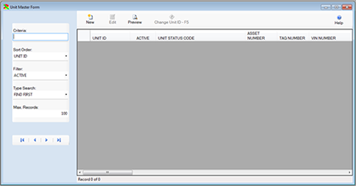 The Unit Master window in browse mode is displayed from the FleetWise VB Fleet Maintenance Software.