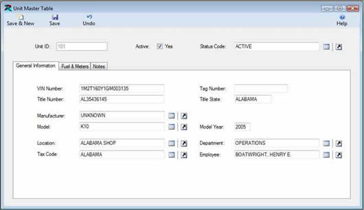 The Unit Master Table from the FuelWise Fuel Managment Software is displayed in edit mode.