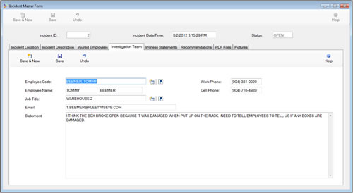 The Incident Master Form Investigation Team Tab is displayed in edit mode from the SafetyWise VB Safety Management System.