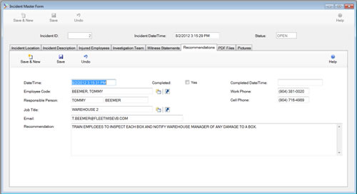 The Incident Master Form Recommendations Tab is displayed in edit mode from the SafetyWise VB Safety Management System.