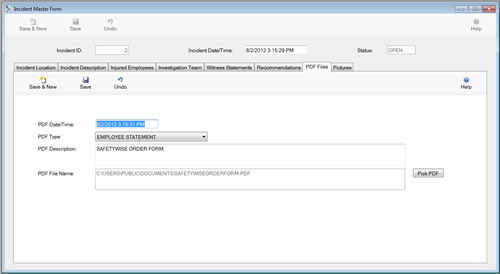 The Incident Master Form PDF Files Tab is displayed in edit mode from the SafetyWise VB Safety Management System.