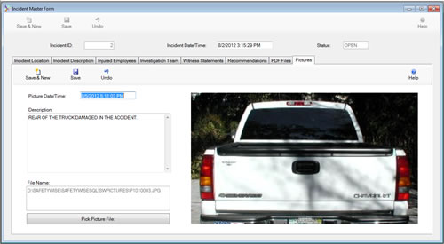 The Incident Master Form Pictures Tab is displayed in edit mode from the SafetyWise VB Safety Management System.