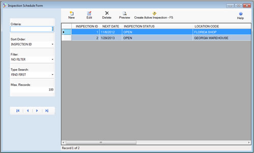 The Inspection Schedule Check List Tab is displayed in browse mode from the SafetyWise VB Safety Management System.