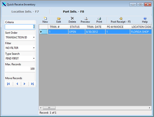 The Quick Receive Inventory Form from the InventoryWise Inventory Management System is displayed with records.