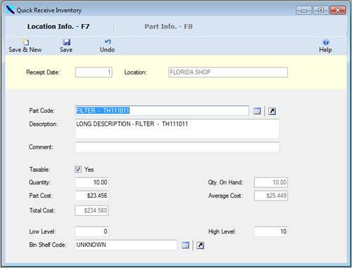 The Quick Receive Inventory Form from the InventoryWise Inventory Management System is displayed with parts listed in edit mode.