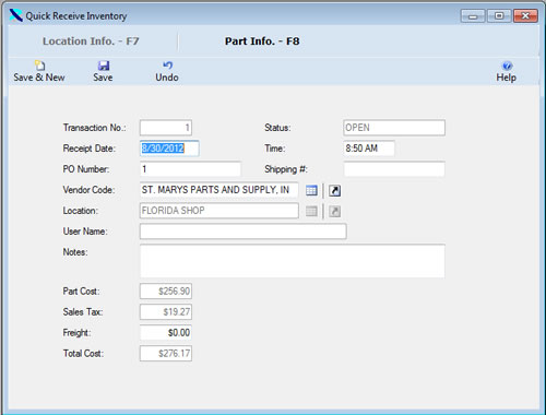 The Quick Receive Inventory Form from the InventoryWise Inventory Management System is displayed in edit mode.