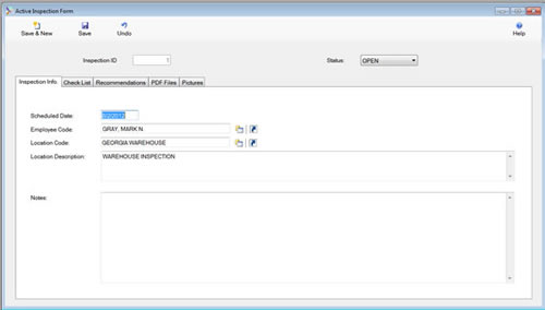 The Active Inspection Form is displayed in edit mode from the SafetyWise VB Safety System.