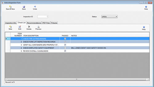 The Active Inspection Form Check List is displayed in browse mode from the SafetyWise VB Safety System.