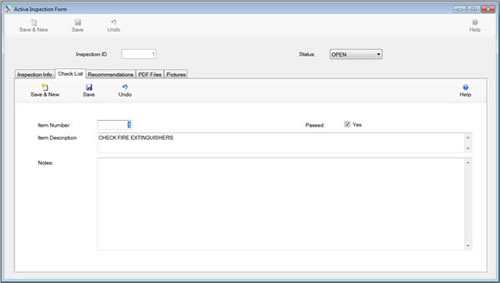 The Active Inspection Form Check List is displayed in edit mode from the SafetyWise VB Safety System.