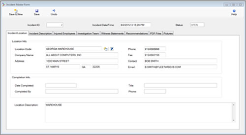 The Incident Master Form Incident Tab is displayed in browse mode from the SafetyWise VB Safety Management System.