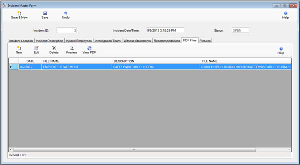 The Incident Master Form PDF Files Tab is displayed in browse mode from the SafetyWise VB Safety Management System.