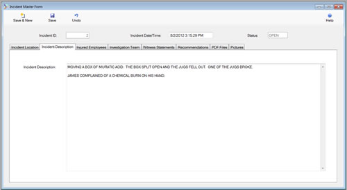The Incident Master Form Location Tab is displayed in browse mode from the SafetyWise VB Safety Management System.