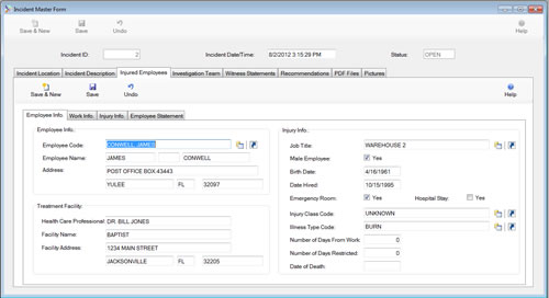 The Incident Master Form Injured Employees Tab is displayed in edit mode from the SafetyWise VB Safety Management System.  Download a free copy of our safety management software now.