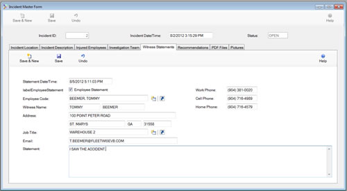 The Incident Master Form Witness Statement Tab is displayed in edit mode from the SafetyWise VB Safety Management System.