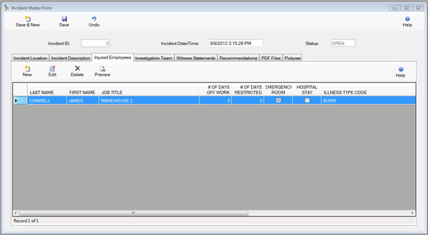The Incident Master Form Injured Employees Tab is displayed in browse mode from the SafetyWise VB Safety Management System.  Download a free copy of our safety management software now.