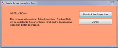 The Create Active Inspectoin Form  is displayed from the SafetyWise VB Safety Management System.
