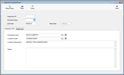 The Inspection Schedule Check List Tab is displayed in edit mode from the SafetyWise VB Safety Management System.