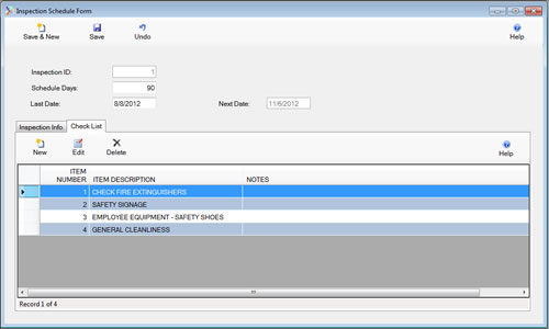 The Inspection Schedule Check List Tab is displayed in edit mode from the SafetyWise VB Safety Management System.