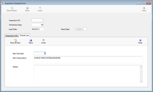 The Inspection Schedule Check List Tab is displayed in edit mode from the SafetyWise VB Safety Management System.