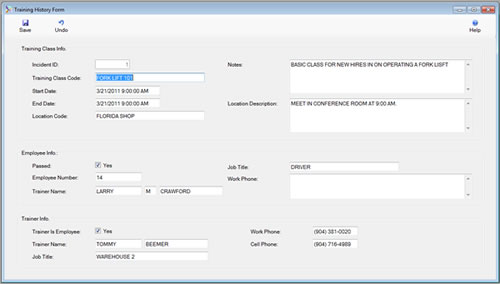 The Training Module Training History Form is displayed in edit mode from the SafetyWise VB Safety Management System.
