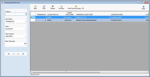 The Training Module Training Schedule Form is displayed in browse mode from the SafetyWise VB Safety Management System.
