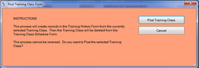 The Training Module Post Class Form is displayed from the SafetyWise VB Safety Management System.
