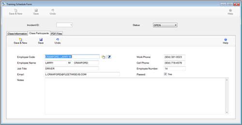 The Training Module Class Participants Tab is displayed in edit mode from the SafetyWise VB Safety Management System.