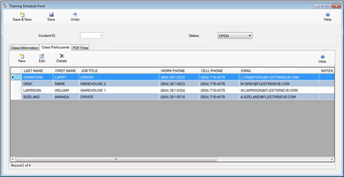 The Training Module Class Participants Tab is displayed in browse mode from the SafetyWise VB Safety Management System.