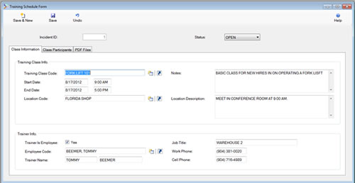 The Training Module Training Schedule Form is displayed in edit mode from the SafetyWise VB Safety Management System.
