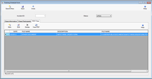 The Training Module PDF Files Tab is displayed in browse mode from the SafetyWise VB Safety Management System.