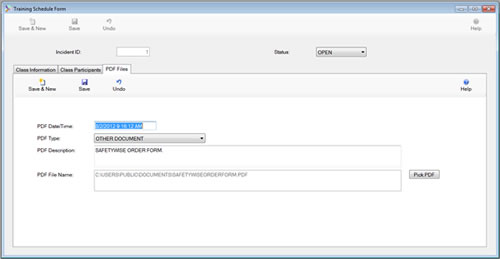 The Training Module PDF Files Tab is displayed in edit mode from the SafetyWise VB Safety Management System.