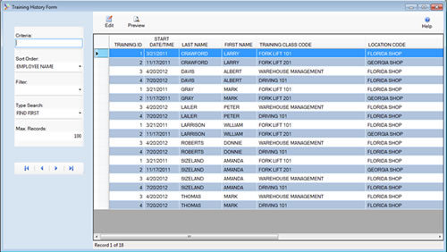 The Training Module Training History Form is displayed in browse mode from the SafetyWise VB Safety Management System.

